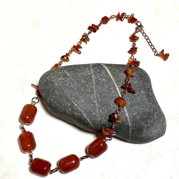 Genuine Burnt Orange Snakeskin Agate Bib Necklace, Large Gemstone & Copper Links - Picture 5 of 13